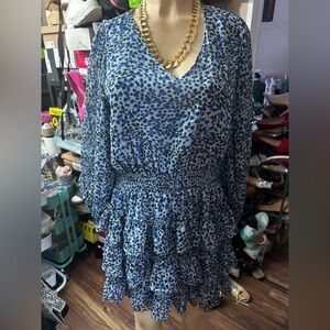 Express large ballon sleeves ruffles cinched waist light leopard dress romantic